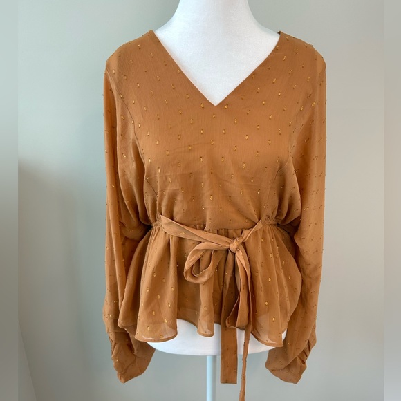 Express Tops - Women’s Express Sheer Long Sleeve Ruche Waist Peplum Top- Sienna w/ Gold- Medium